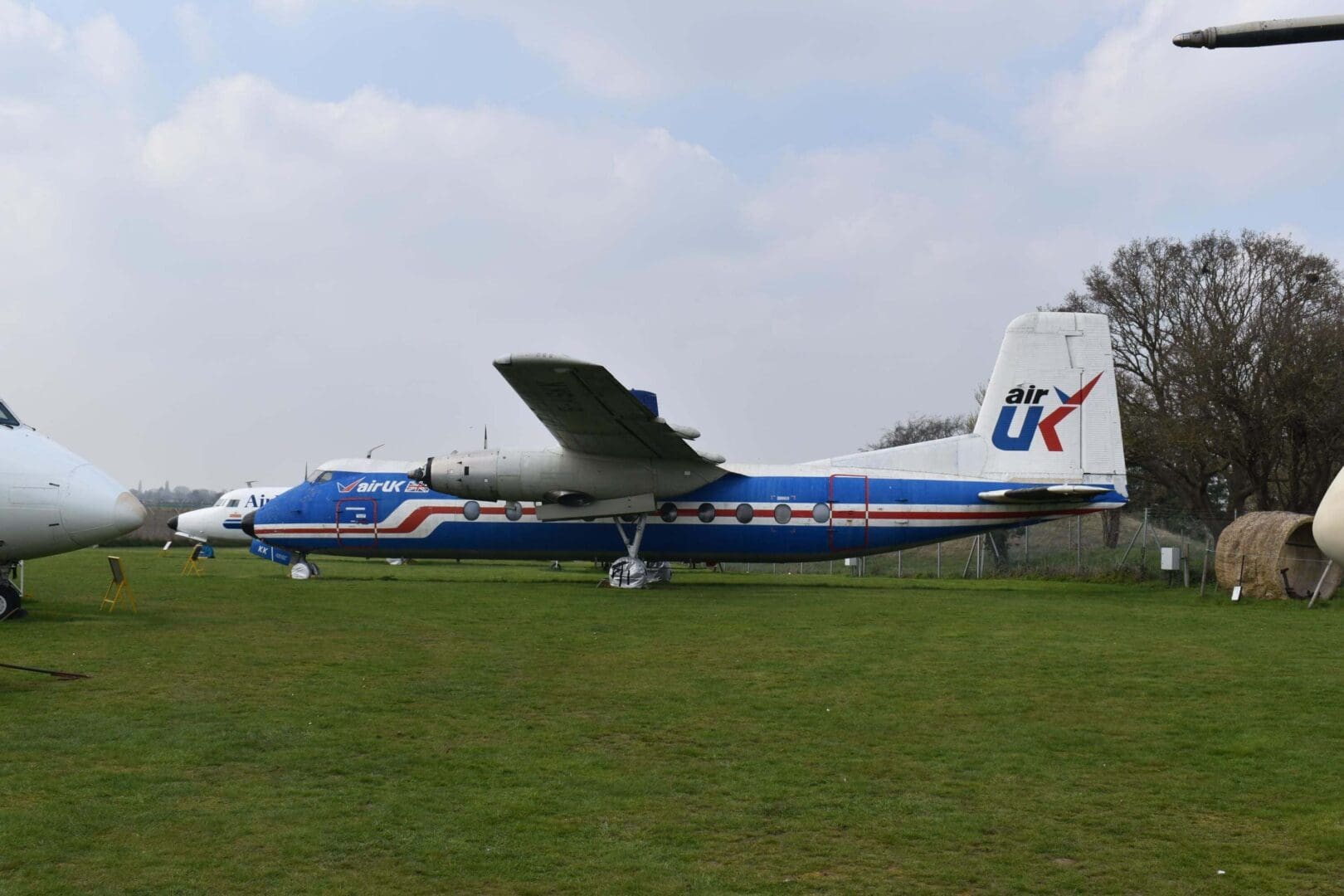 Blue and white airplane on grassy field.
