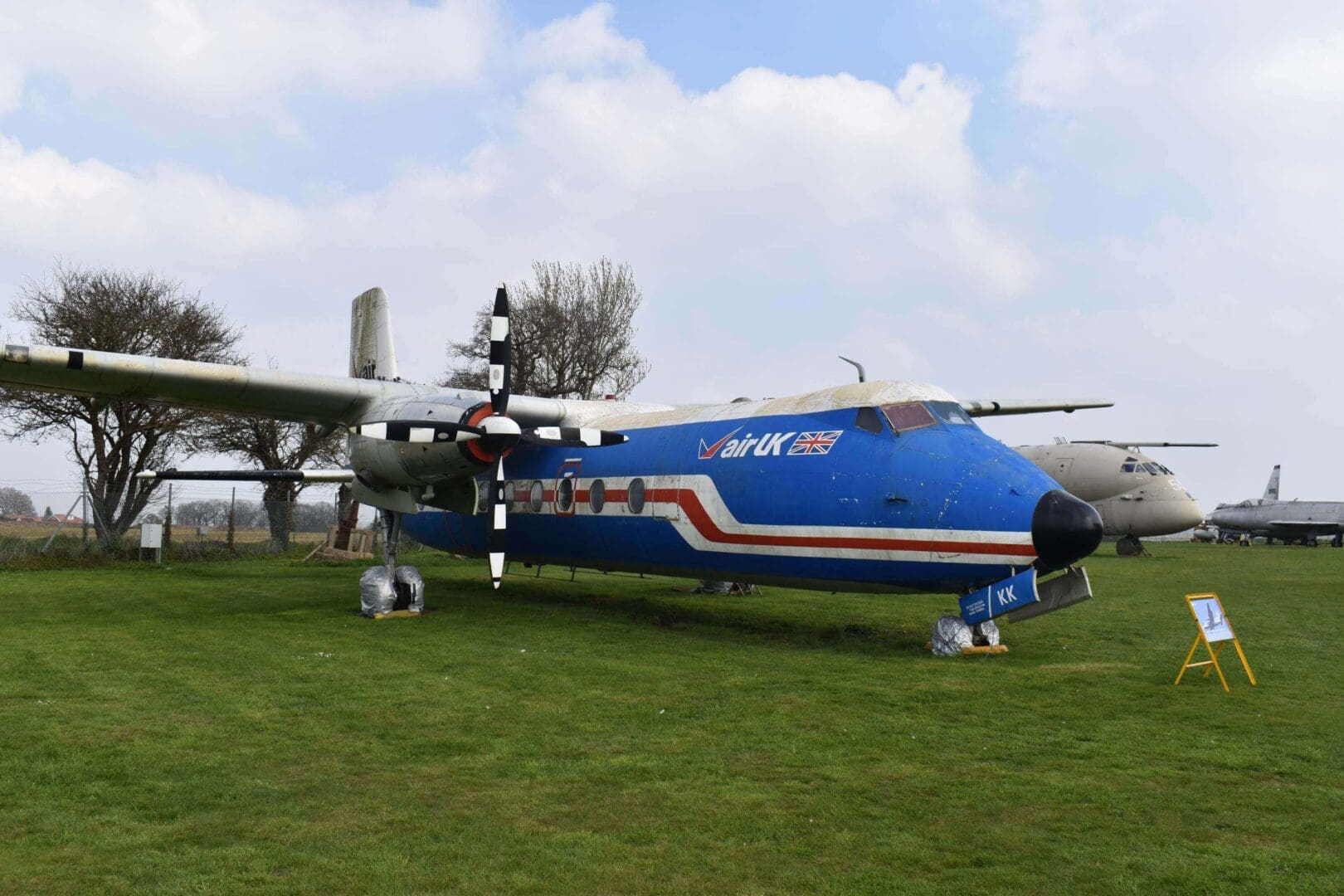 Blue aircraft displayed on grassy field.
