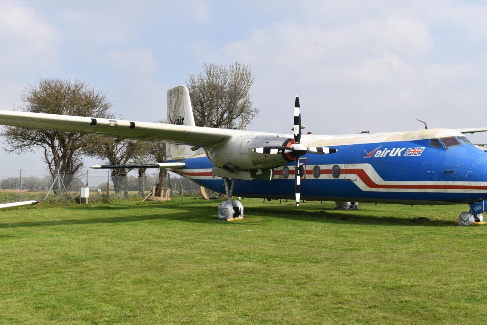 Blue and white vintage airplane on grass.