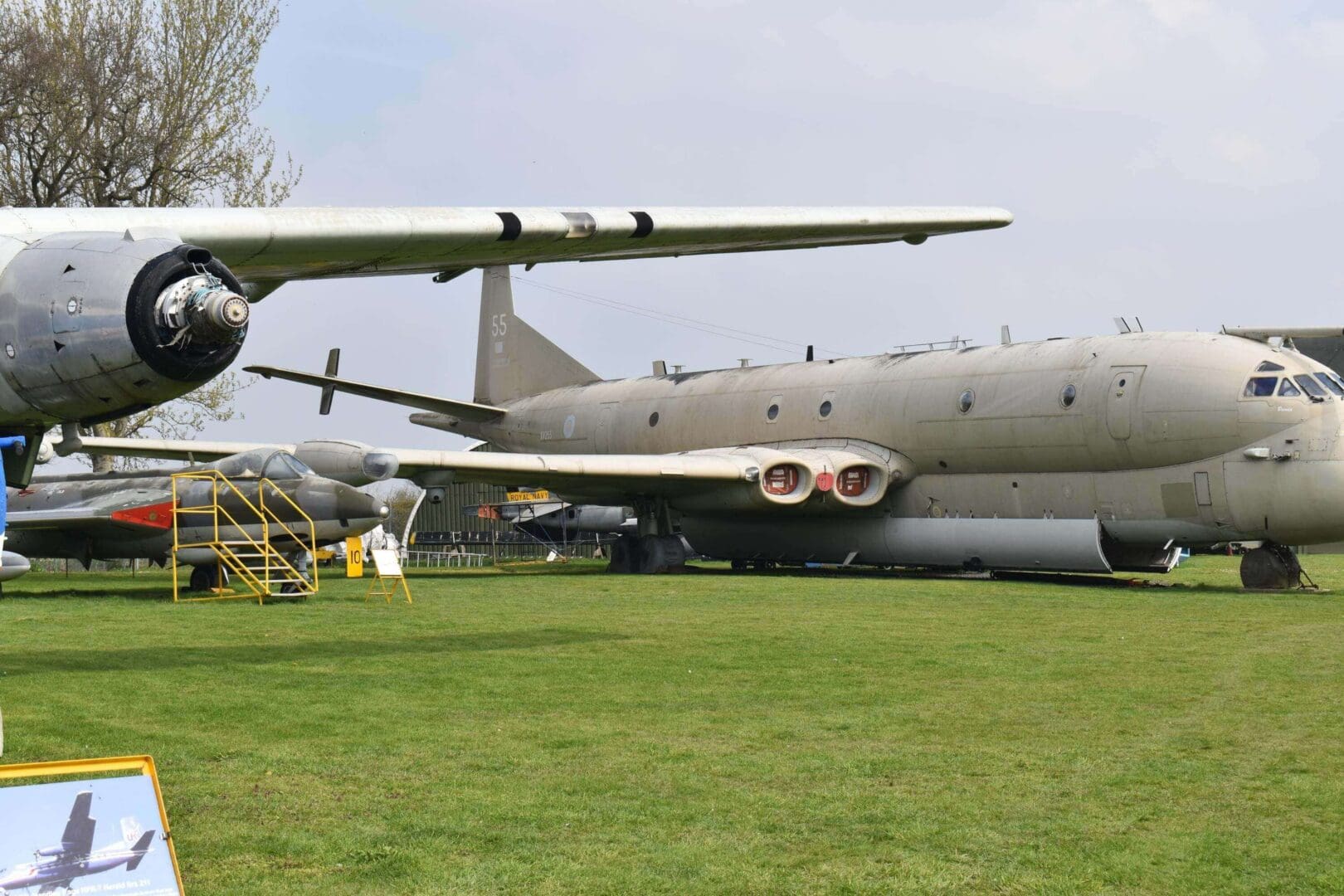 Military aircraft displayed on grassy field.