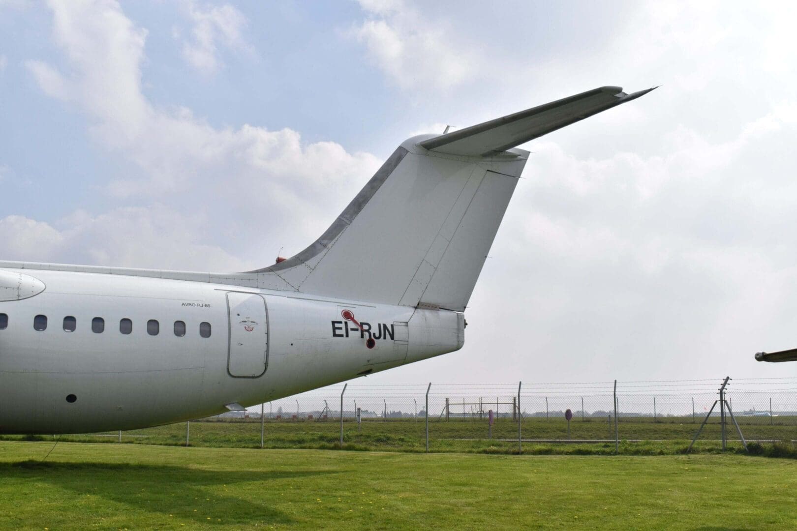 Airplane tail on grass with cloudy sky.