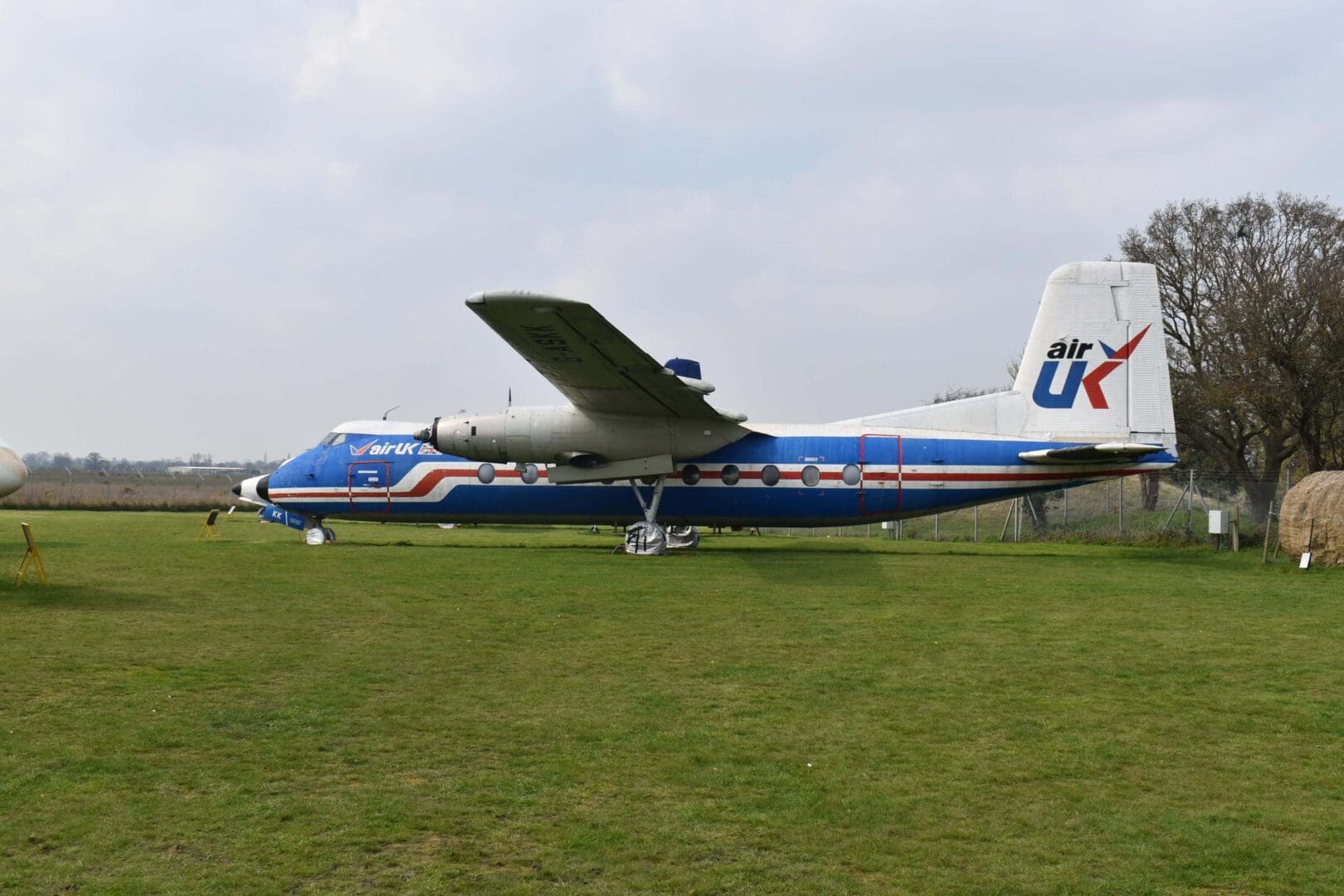Blue and white airplane on grass field.